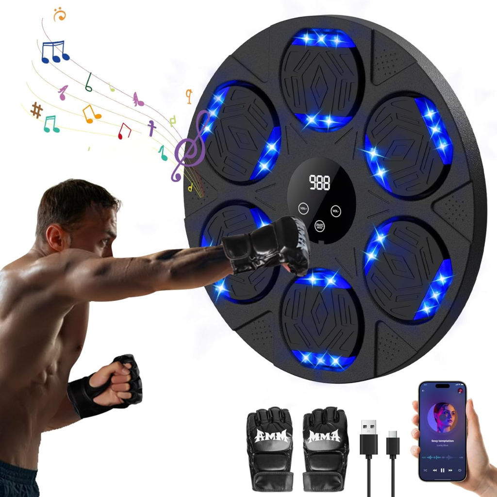 Boxeador entrenando con máquina de boxeo con música